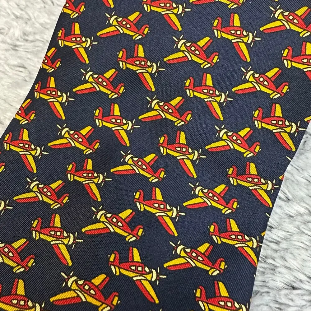 La Cravatta Giofer Roma Navy Yellow Orange Airplane Neck Tie 100% Silk Aviation